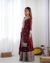 Designer Maroon, White color Chinnon Silk With Embroidery For Girls