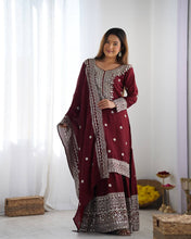 Designer Maroon, White color Chinnon Silk With Embroidery For Girls