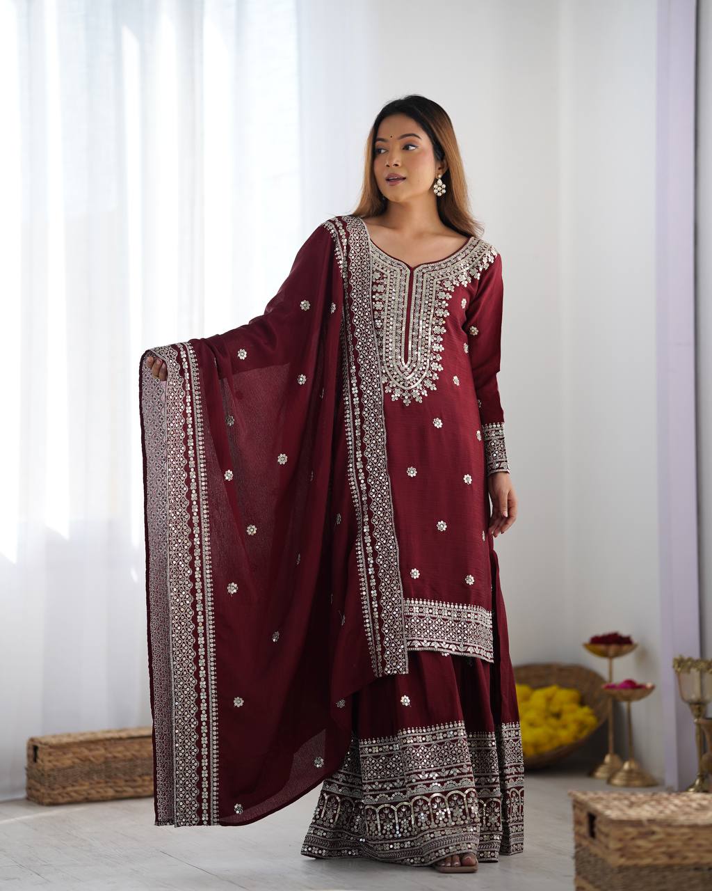 Designer Maroon, White color Chinnon Silk With Embroidery For Girls