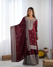 Designer Maroon, White color Chinnon Silk With Embroidery For Girls