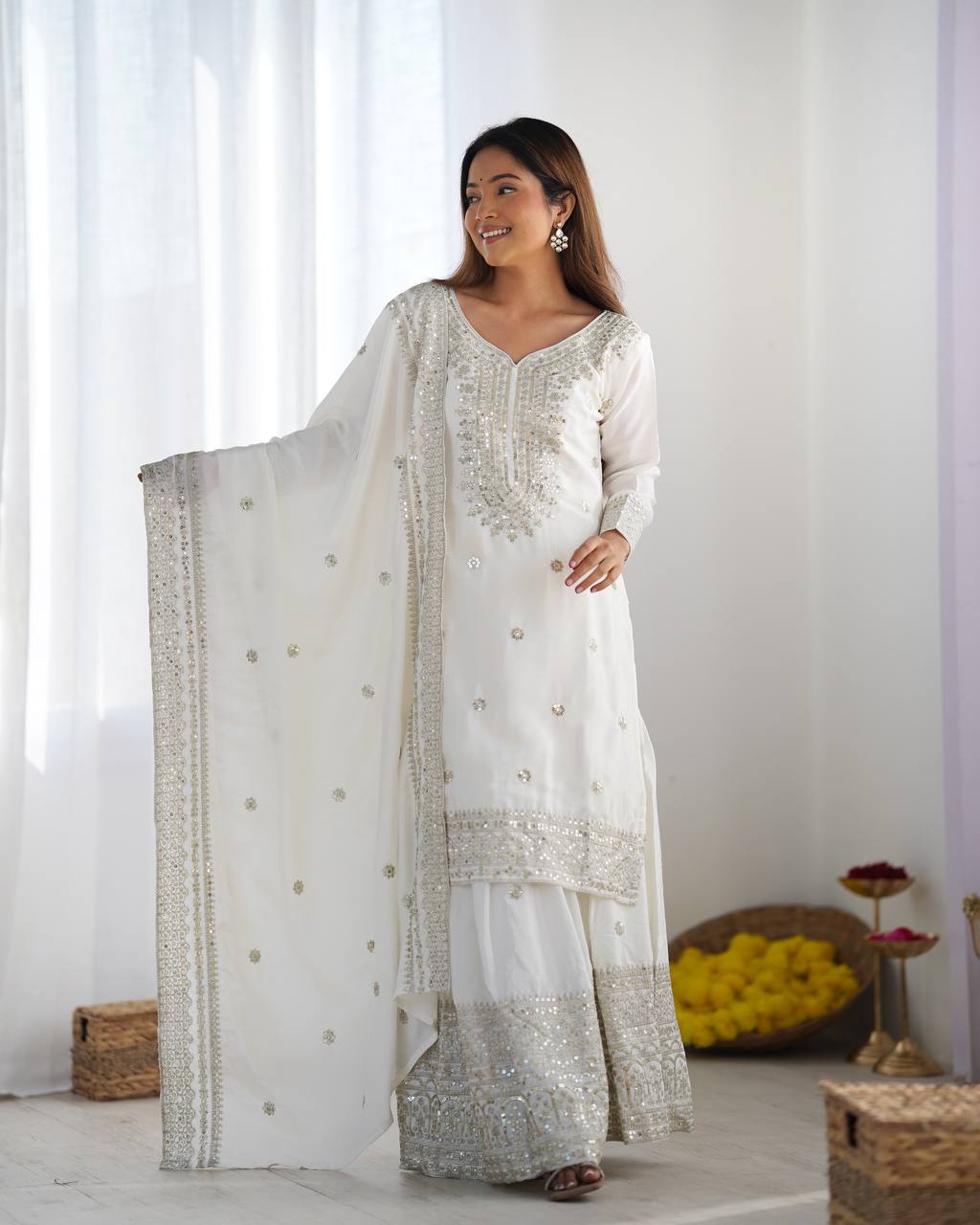 Designer Maroon, White color Chinnon Silk With Embroidery For Girls