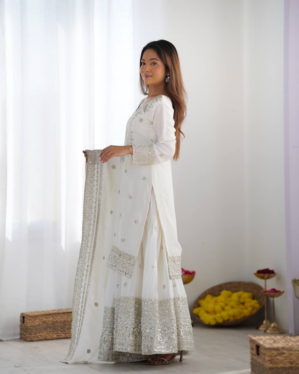 Designer Maroon, White color Chinnon Silk With Embroidery For Girls