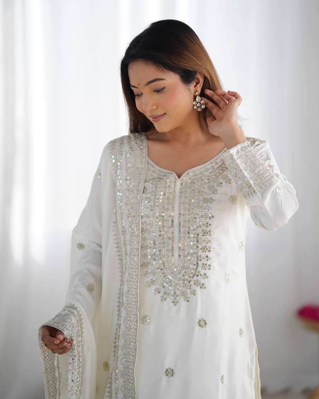 Designer Maroon, White color Chinnon Silk With Embroidery For Girls