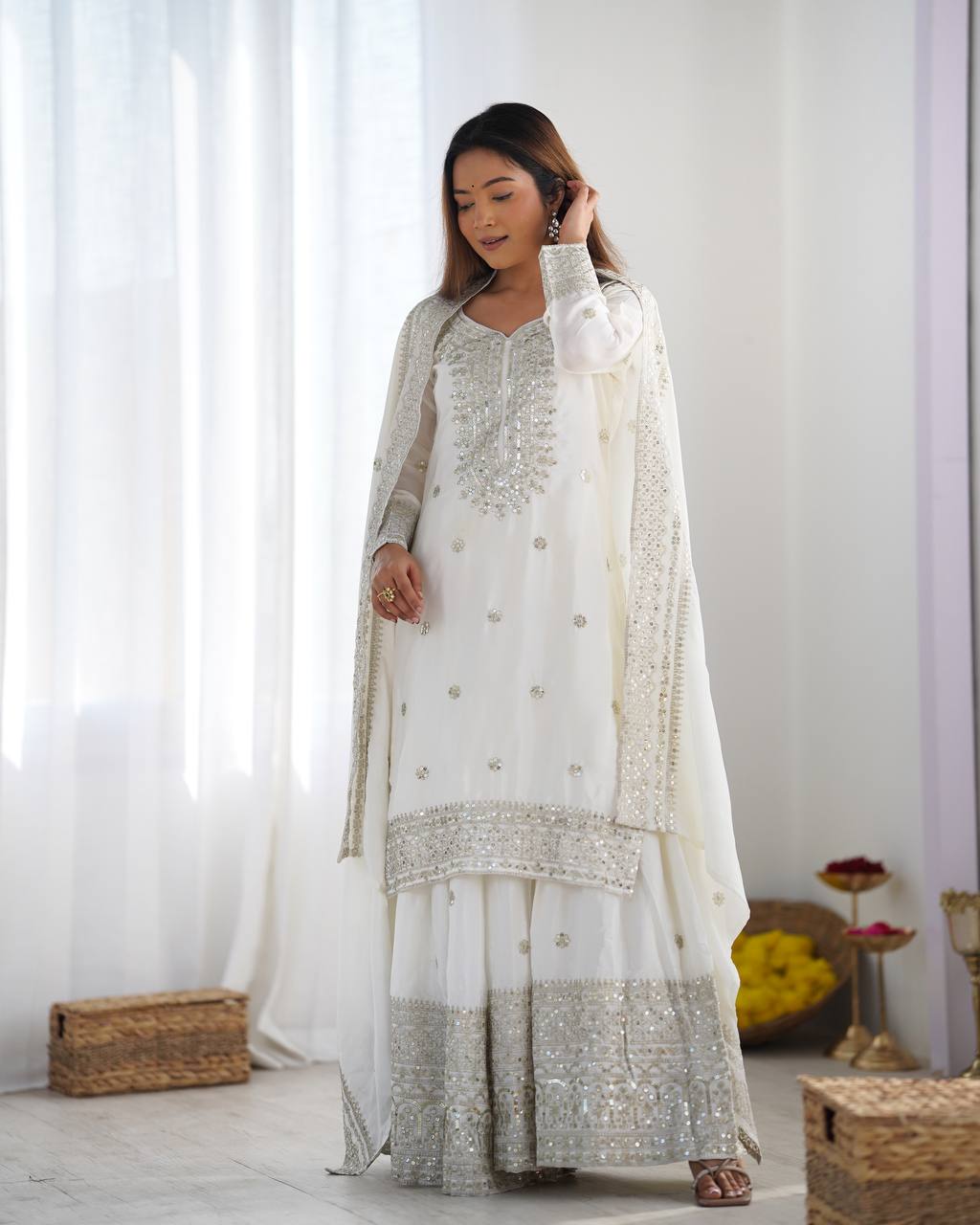 Designer Maroon, White color Chinnon Silk With Embroidery For Girls