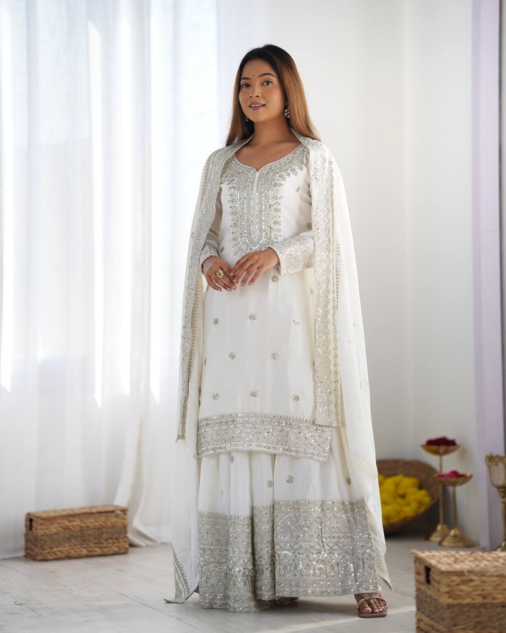 Designer Maroon, White color Chinnon Silk With Embroidery For Girls