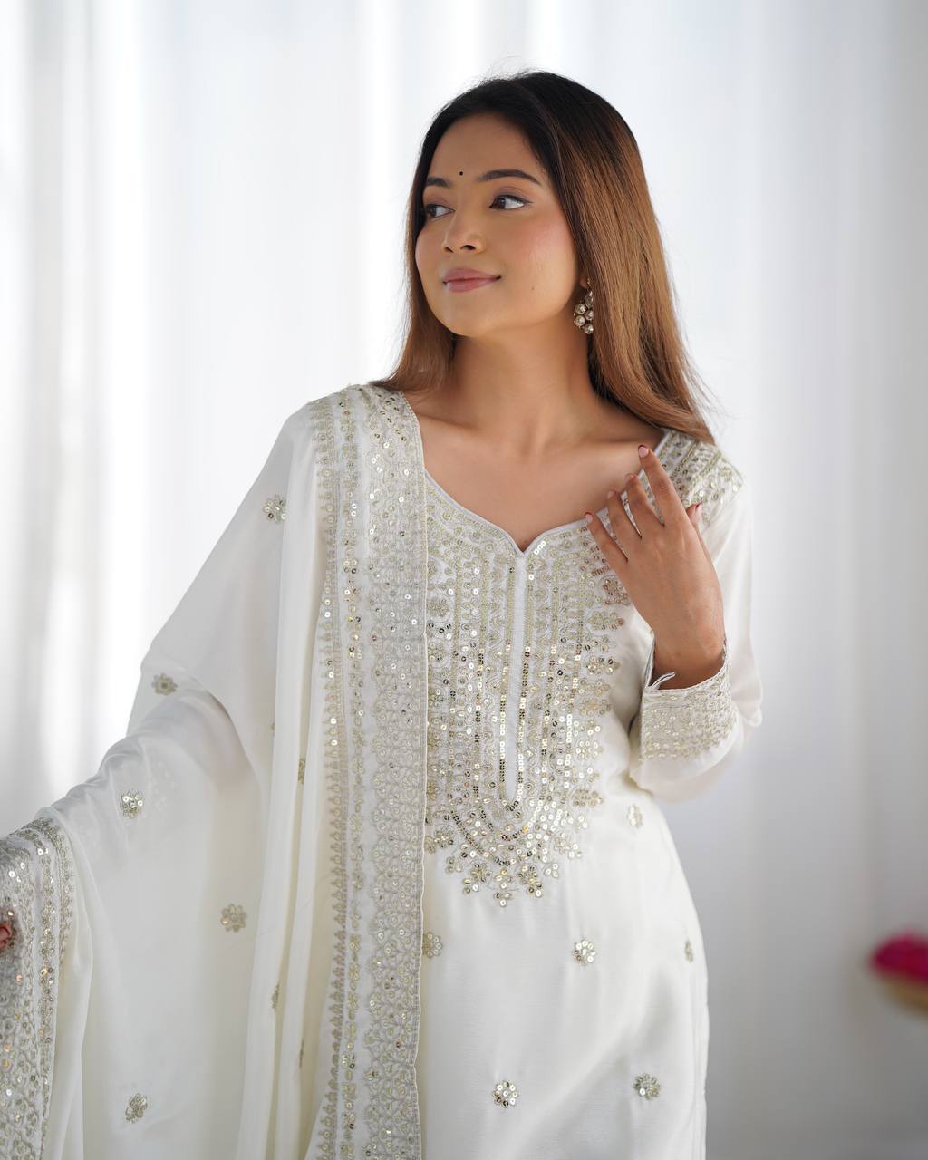 Designer Maroon, White color Chinnon Silk With Embroidery For Girls