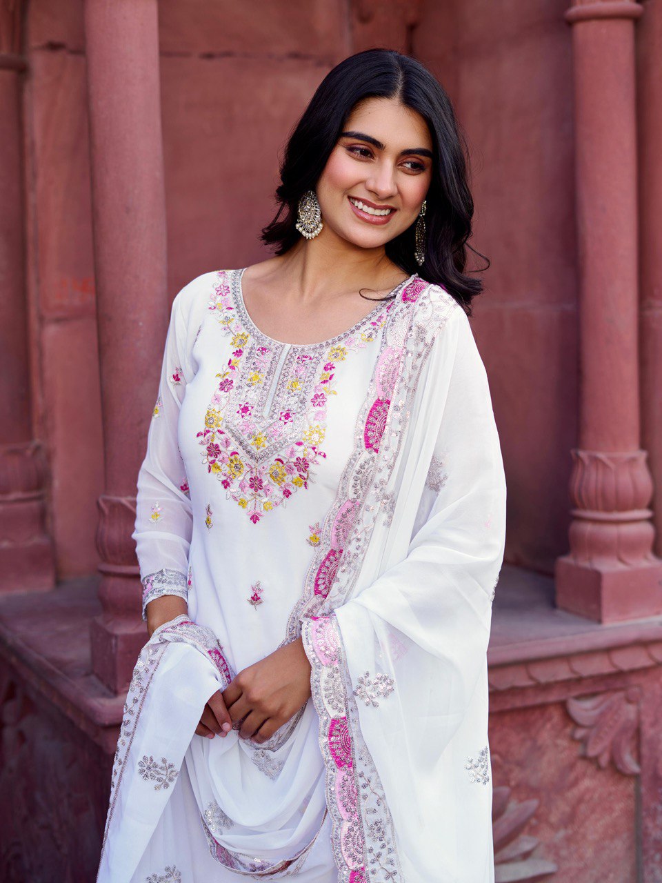 Wedding Wear White Color Faux Georgette Sharara For Girls