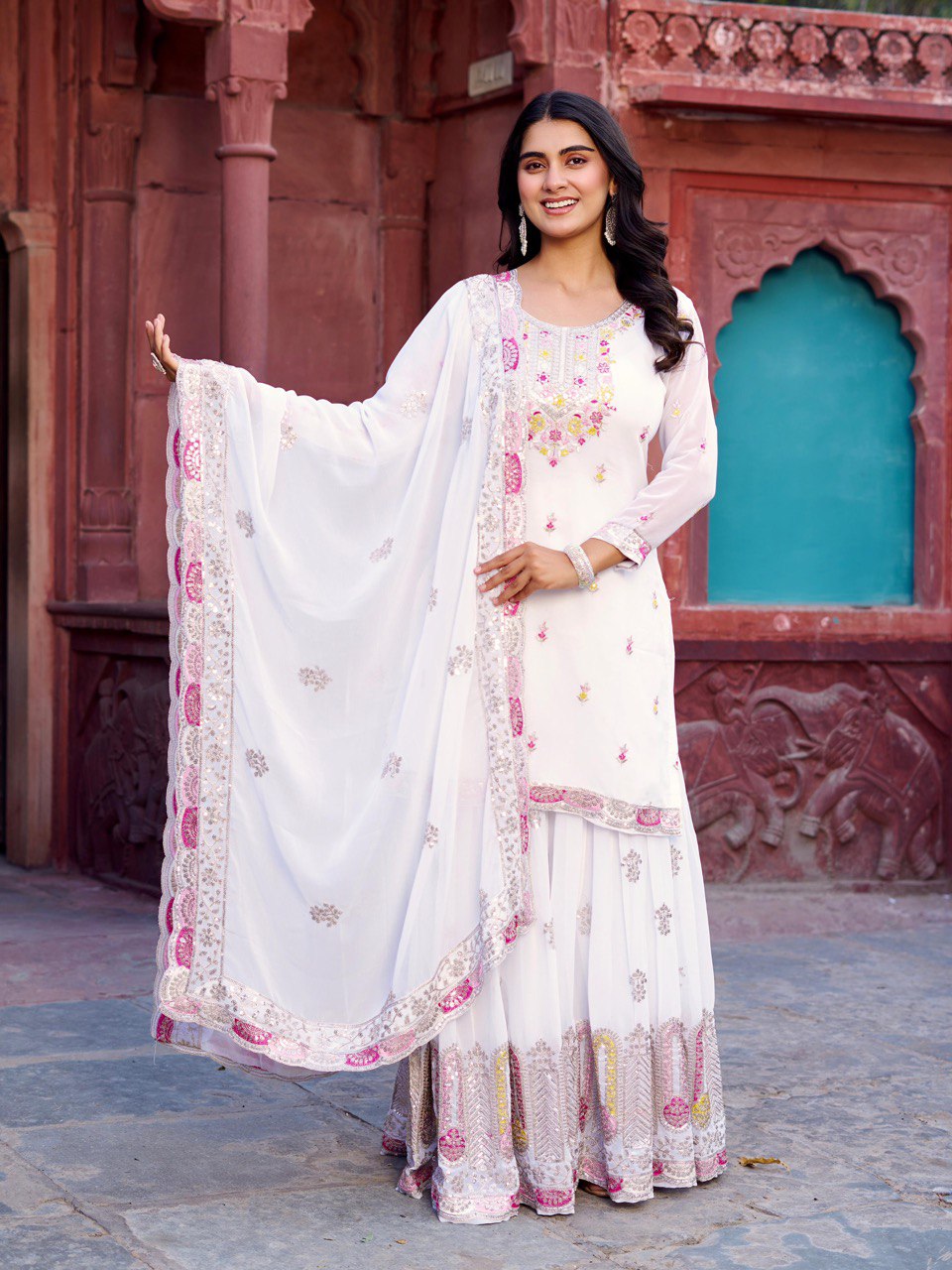 Wedding Wear White Color Faux Georgette Sharara For Girls