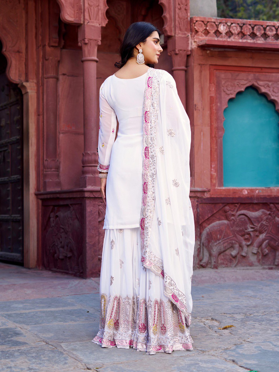 Wedding Wear White Color Faux Georgette Sharara For Girls