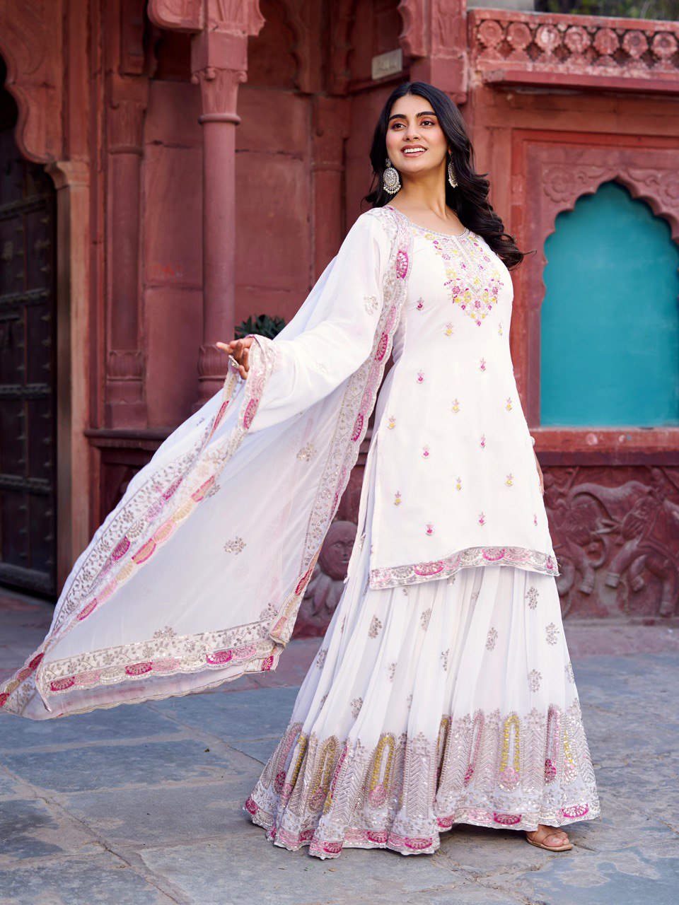 Wedding Wear White Color Faux Georgette Sharara For Girls