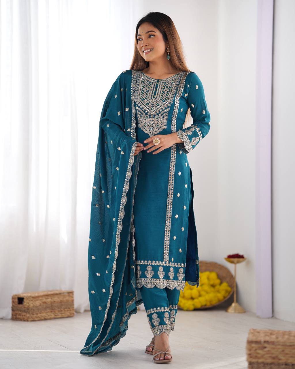 Wedding Wear Blue Color Chinon Silk Kurti For Girls