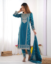 Wedding Wear Blue Color Chinon Silk Kurti For Girls