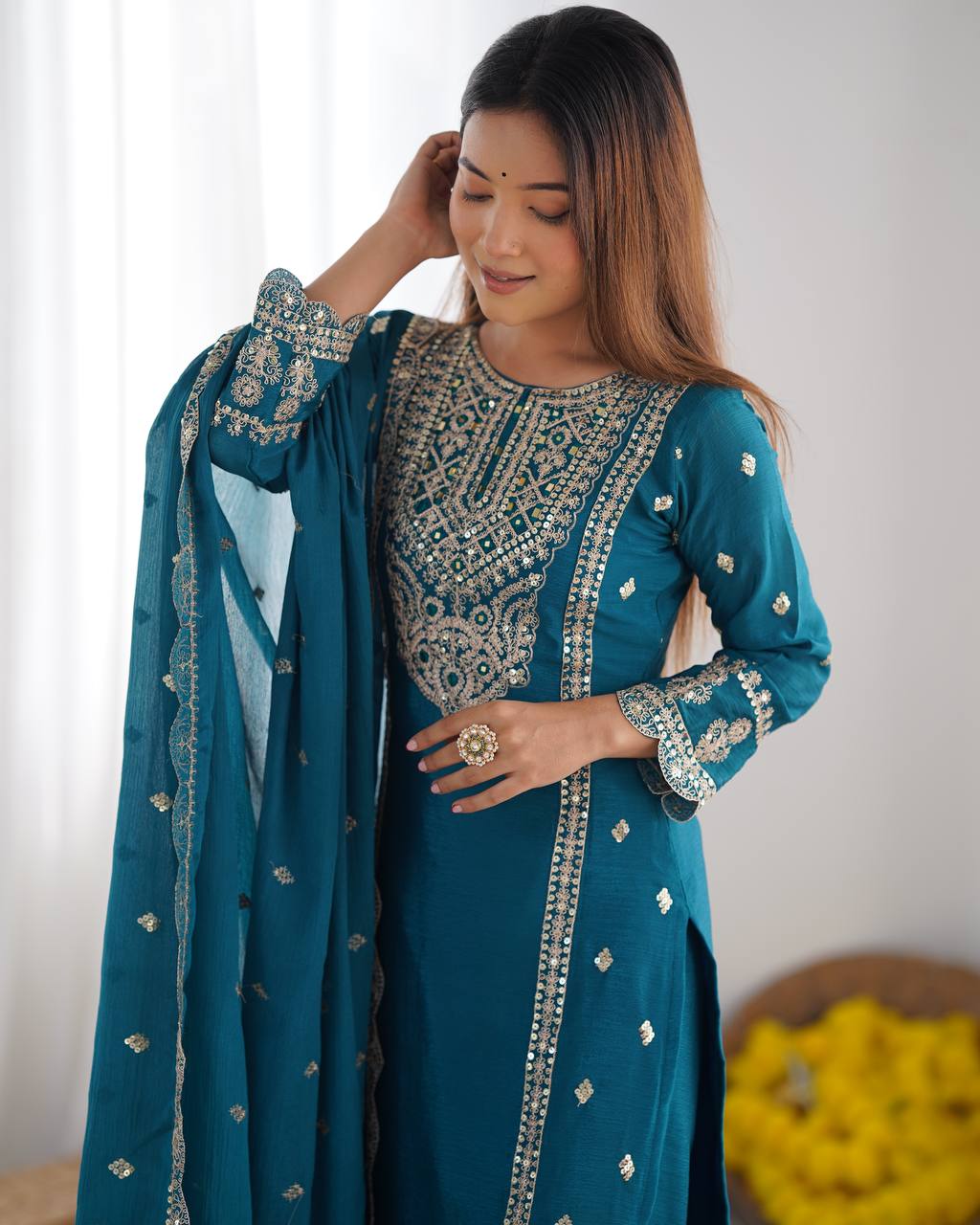 Wedding Wear Blue Color Chinon Silk Kurti For Girls