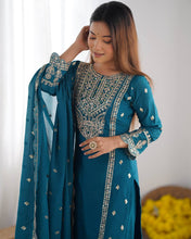 Wedding Wear Blue Color Chinon Silk Kurti For Girls