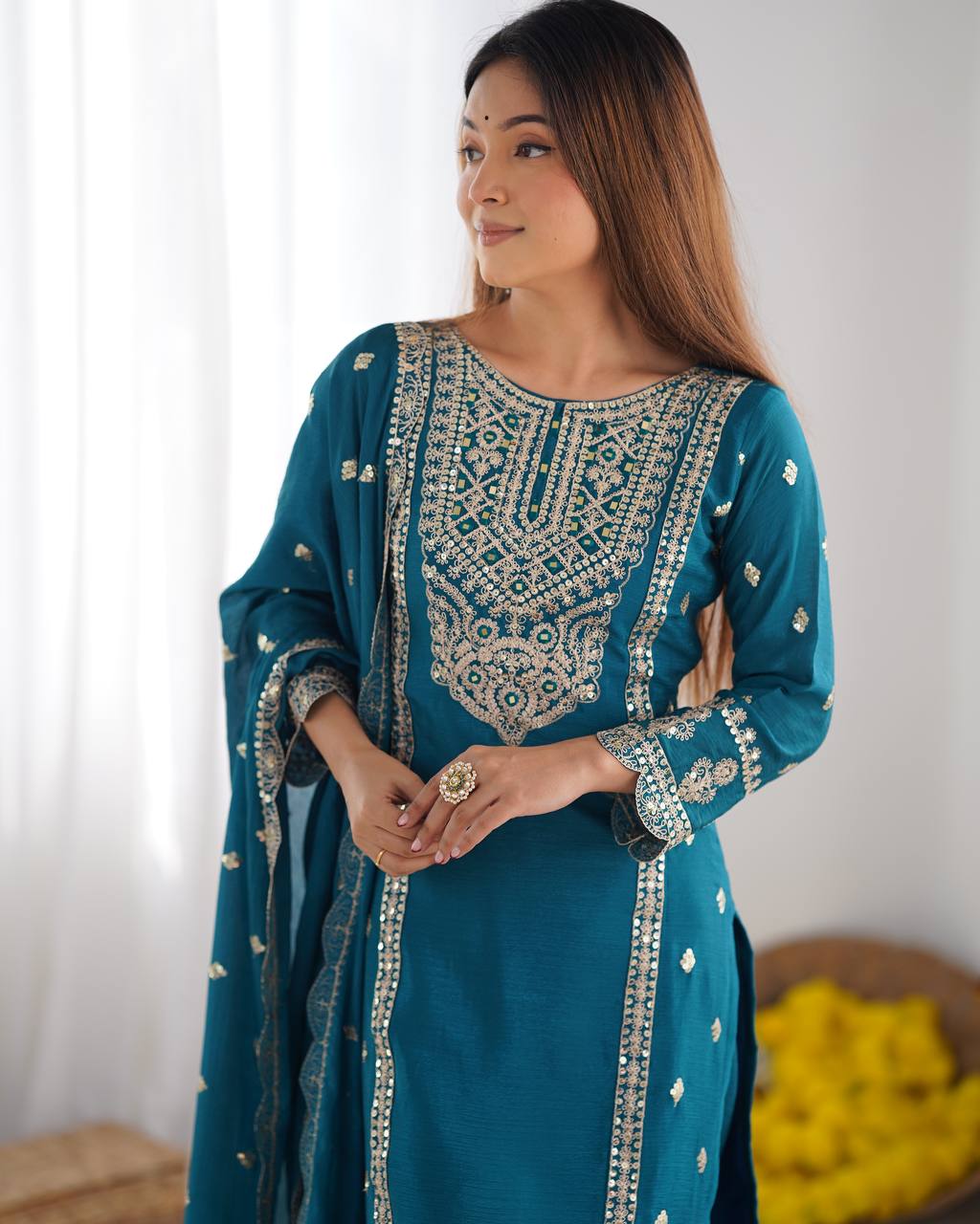 Wedding Wear Blue Color Chinon Silk Kurti For Girls