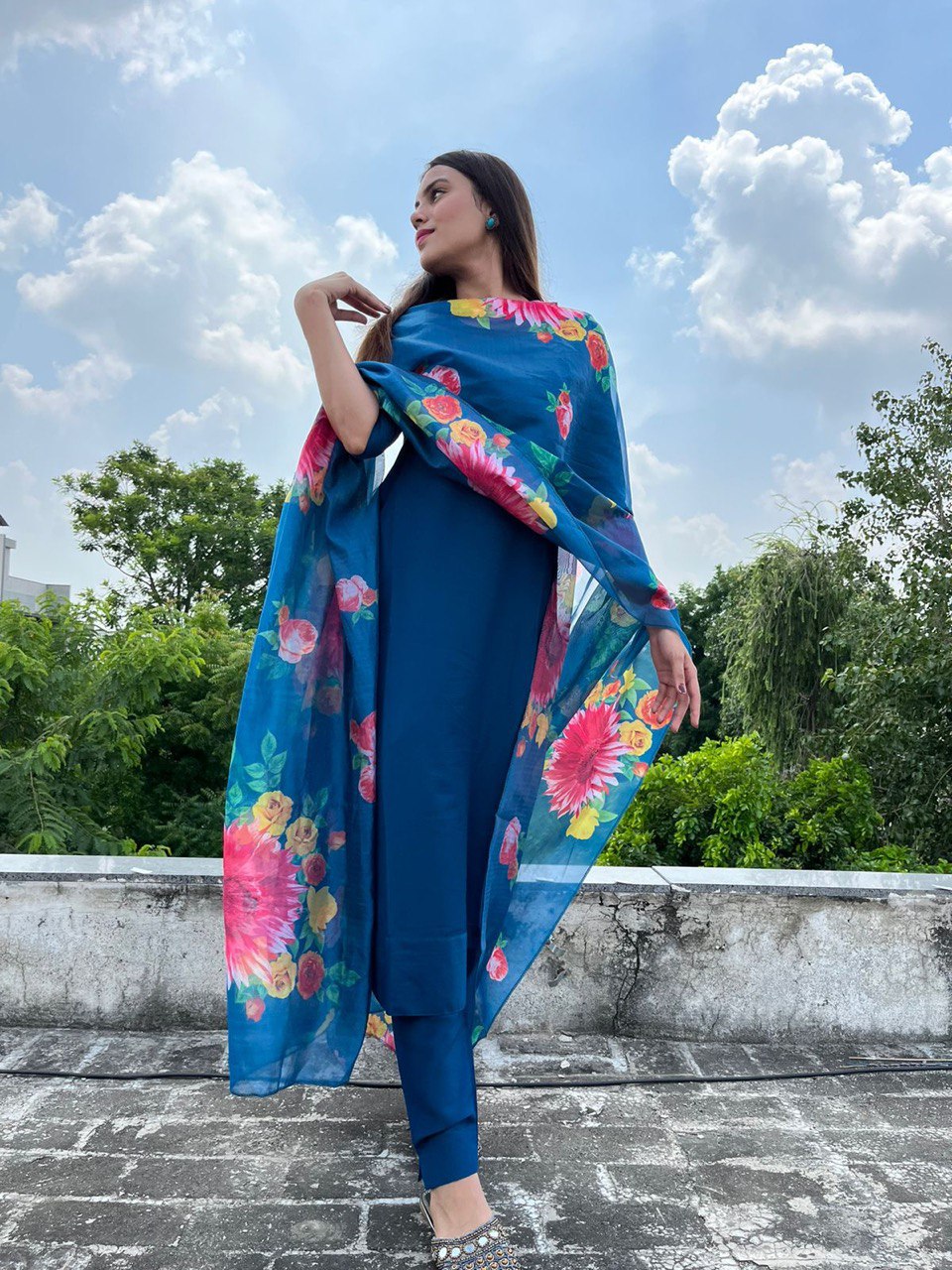 Party Wear Blue Color Heavy Pure Maska Cotton Silk Kurti For Girls
