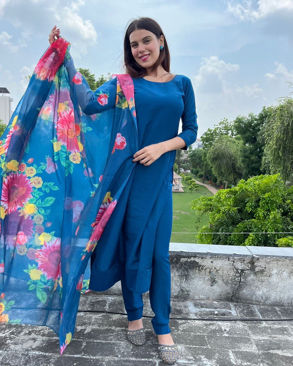 Party Wear Blue Color Heavy Pure Maska Cotton Silk Kurti For Girls