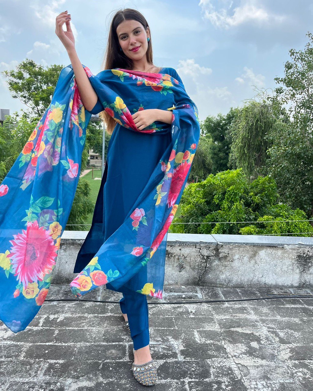 Party Wear Blue Color Heavy Pure Maska Cotton Silk Kurti For Girls