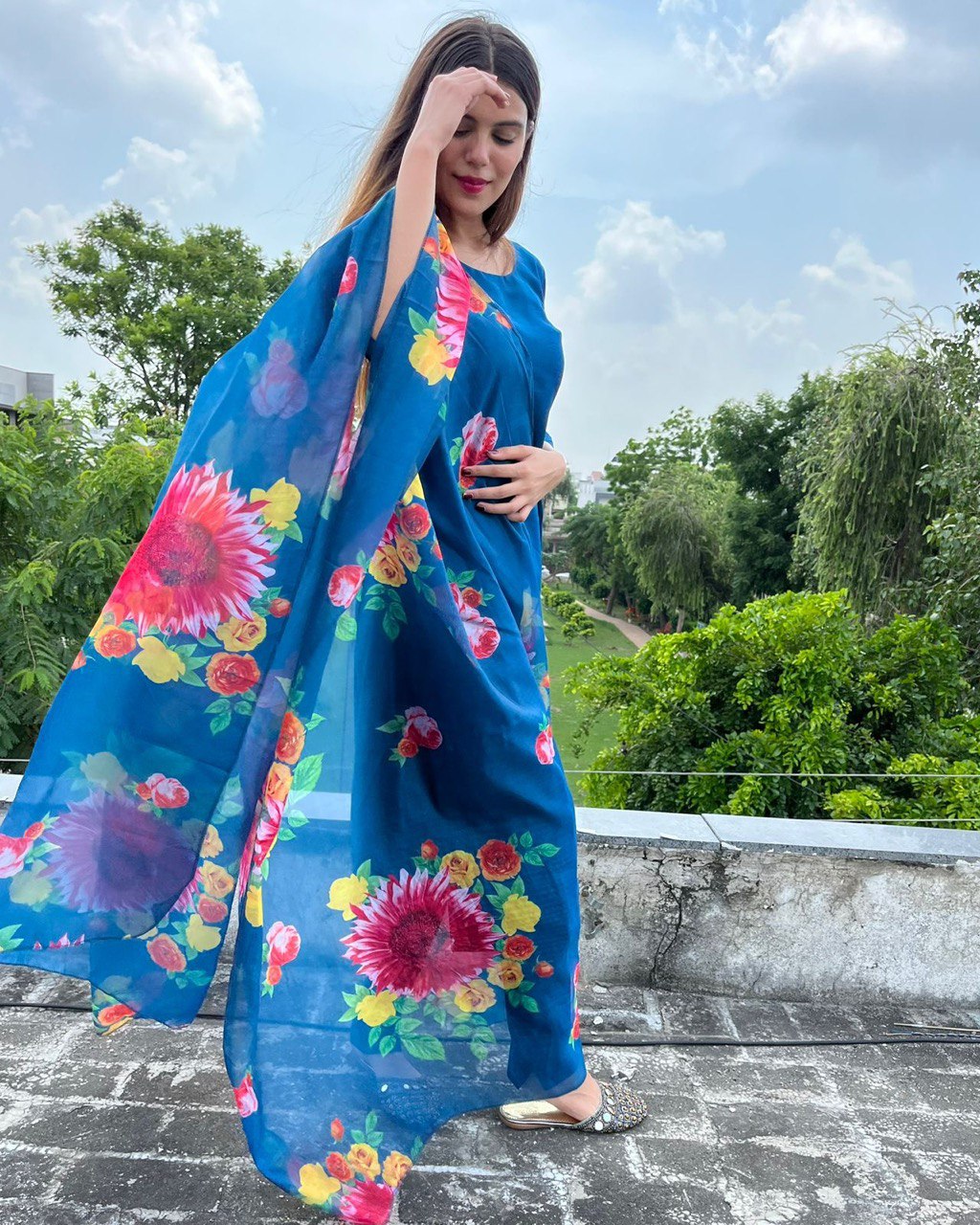 Party Wear Blue Color Heavy Pure Maska Cotton Silk Kurti For Girls