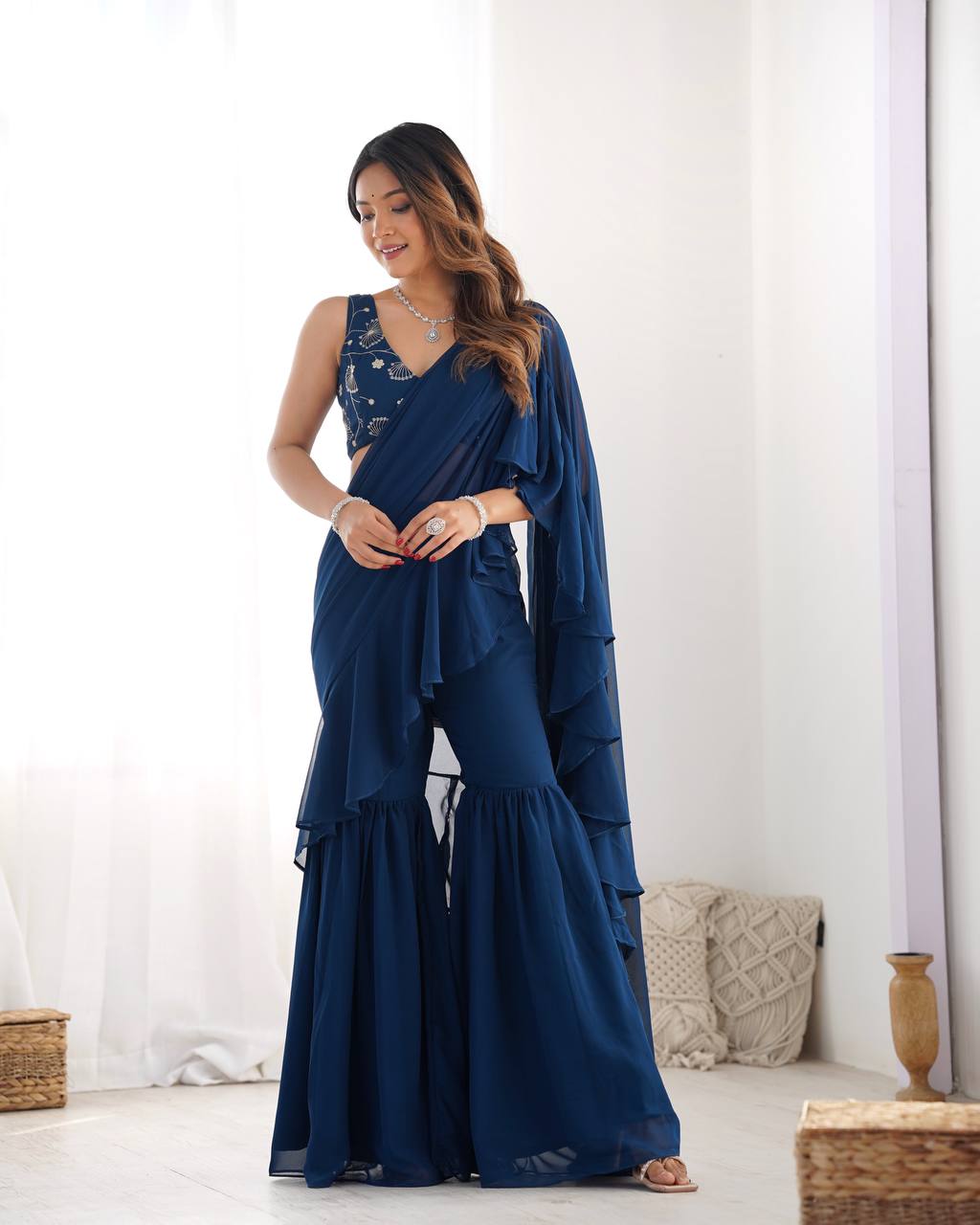 Festival Wear Tealblue Color Fox Georgette Saree For Girls