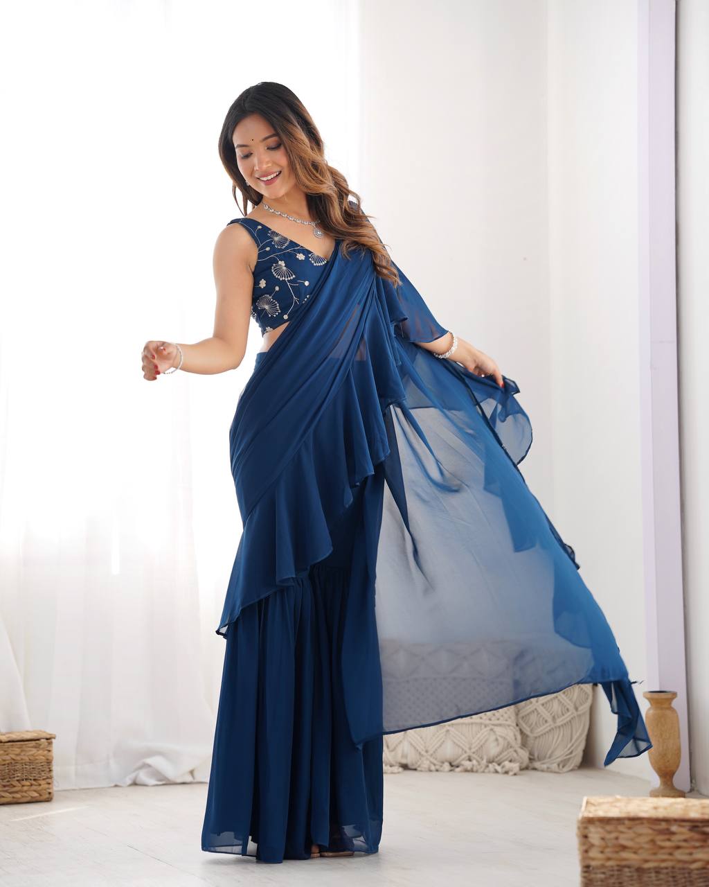 Festival Wear Tealblue Color Fox Georgette Saree For Girls