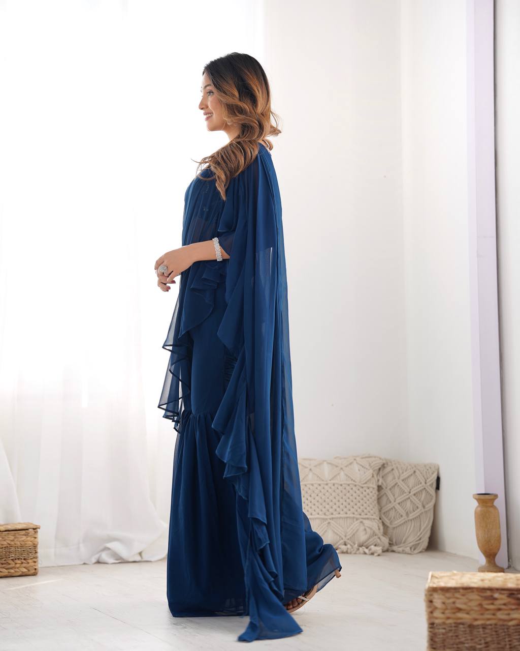 Festival Wear Tealblue Color Fox Georgette Saree For Girls