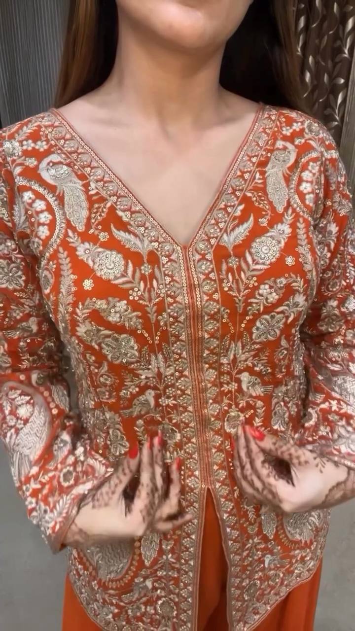 Party Wear Orange Color Chinon silk Sharara For Girls