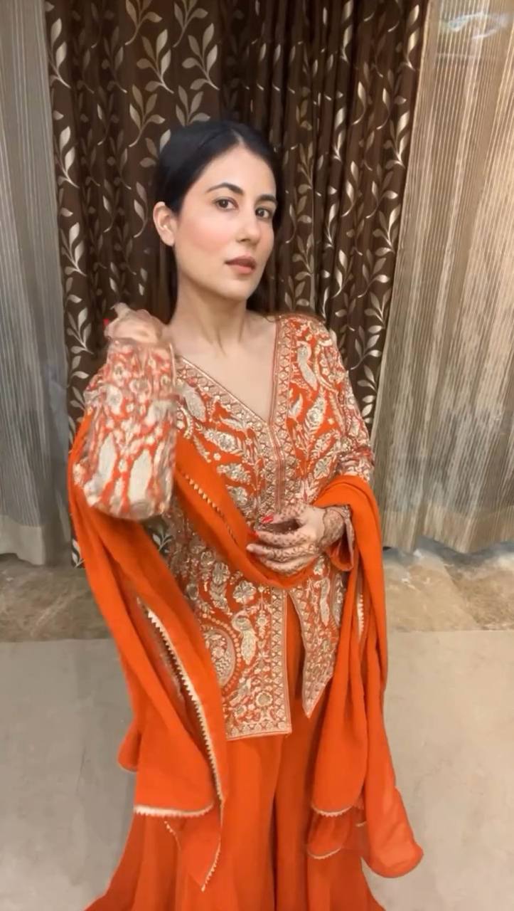 Party Wear Orange Color Chinon silk Sharara For Girls