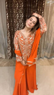 Party Wear Orange Color Chinon silk Sharara For Girls