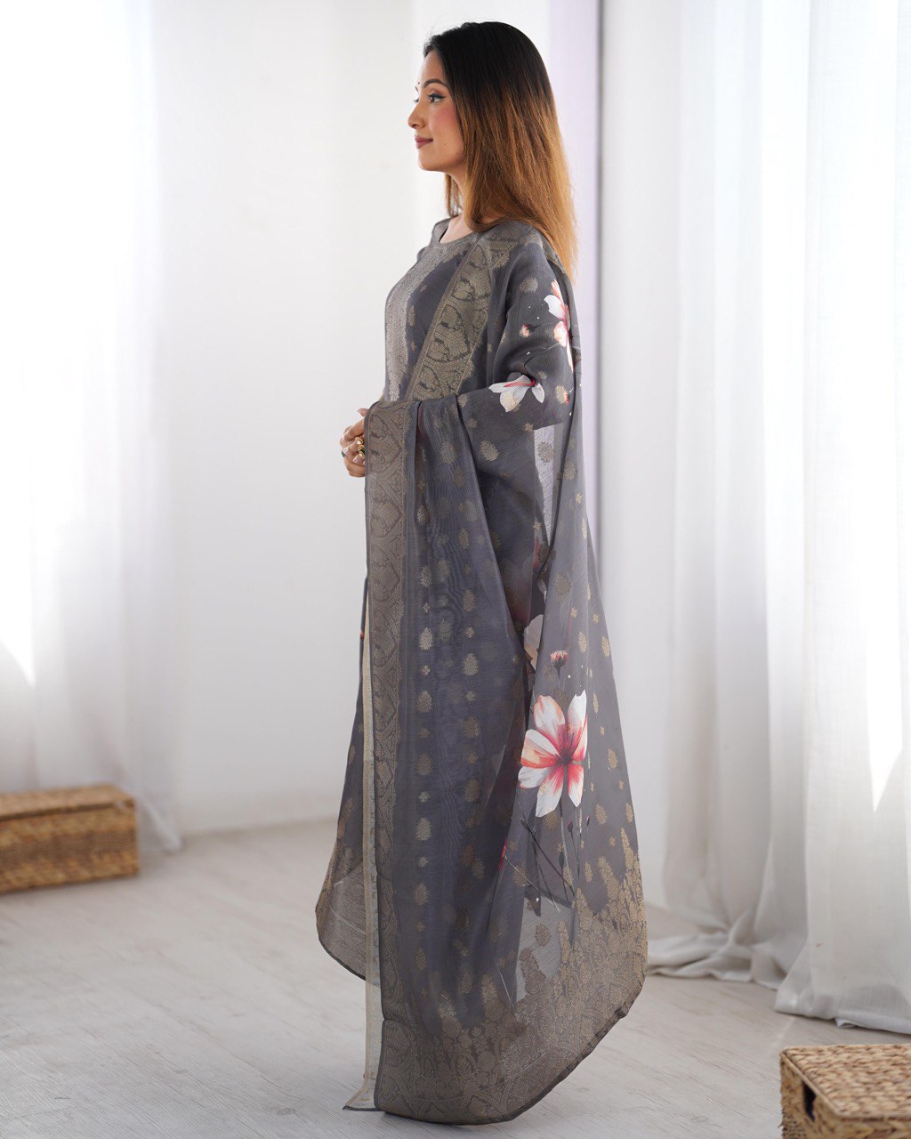 Party Wear Grey Color Chanderi Silk Kurti For Girls