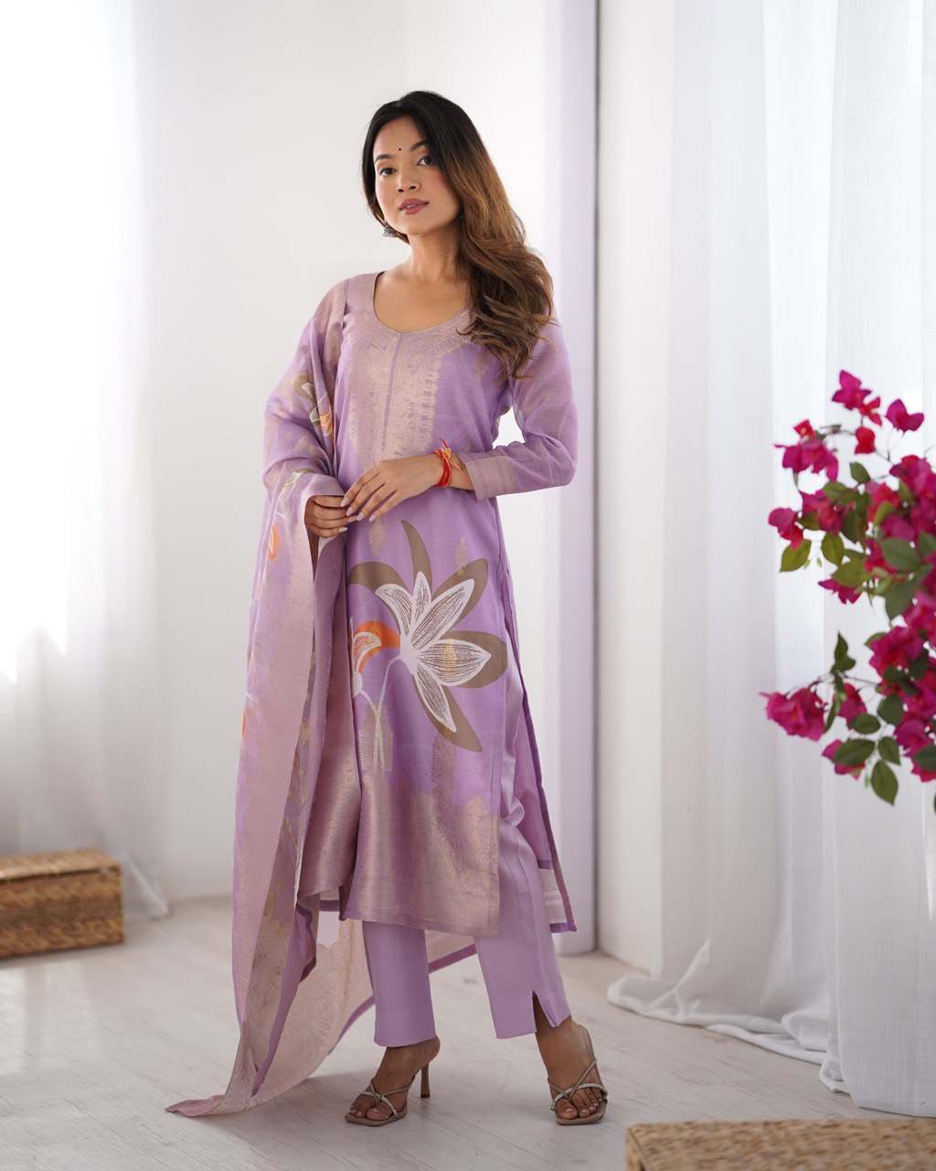 Party Wear Light Purple Color Chanderi Silk Kurti For Girls