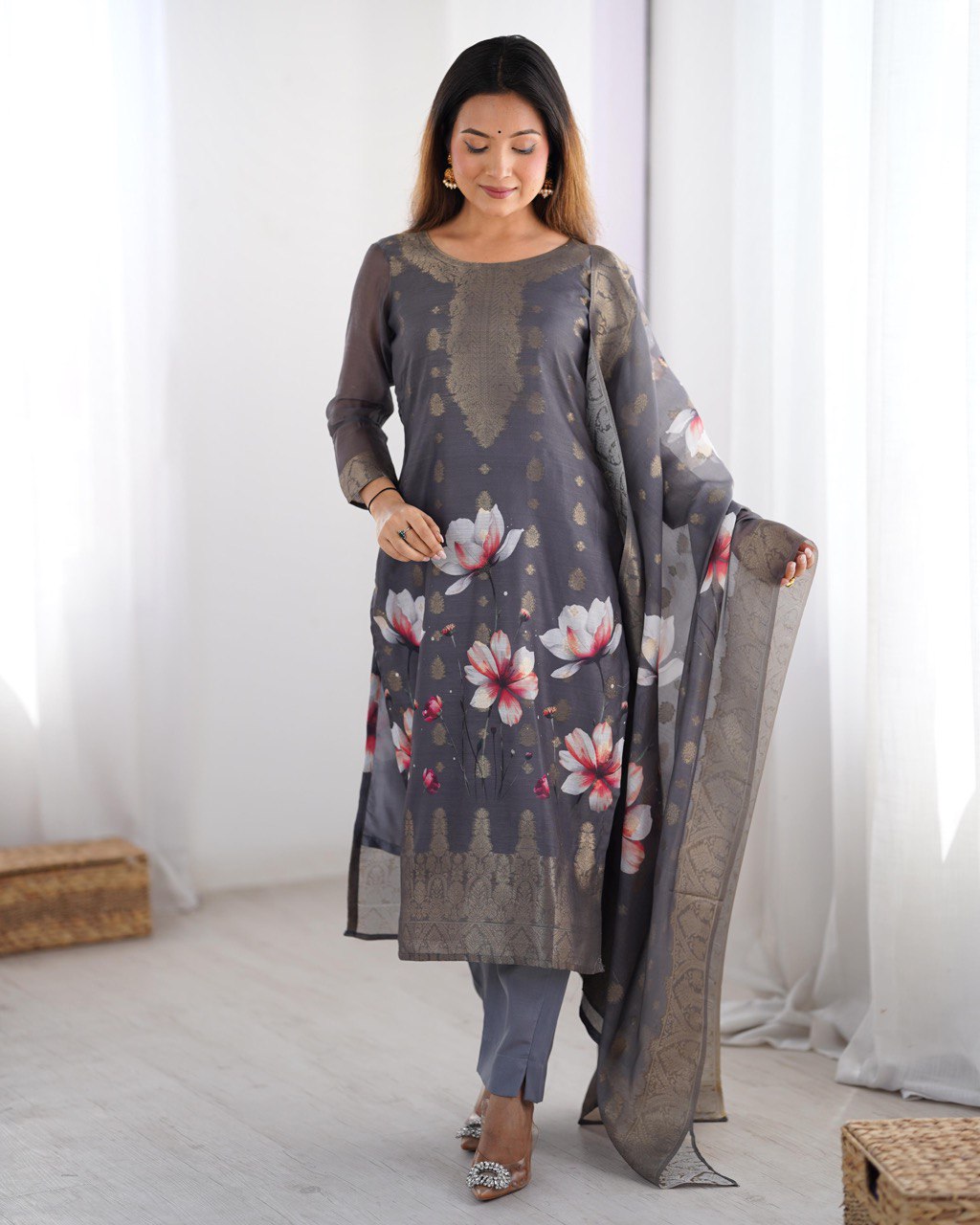 Party Wear Grey Color Chanderi Silk Kurti For Girls
