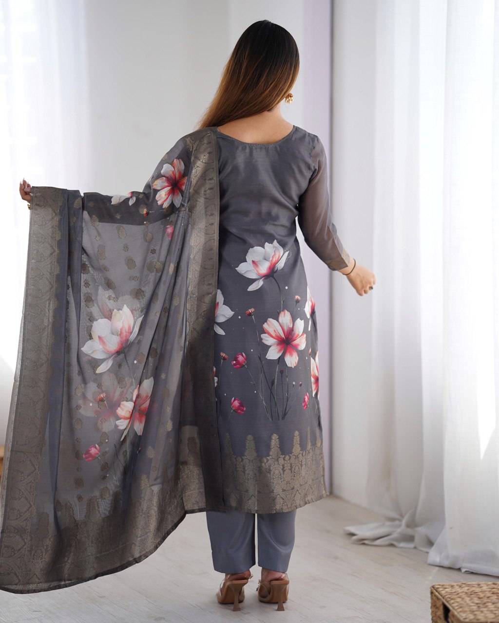 Party Wear Grey Color Chanderi Silk Kurti For Girls