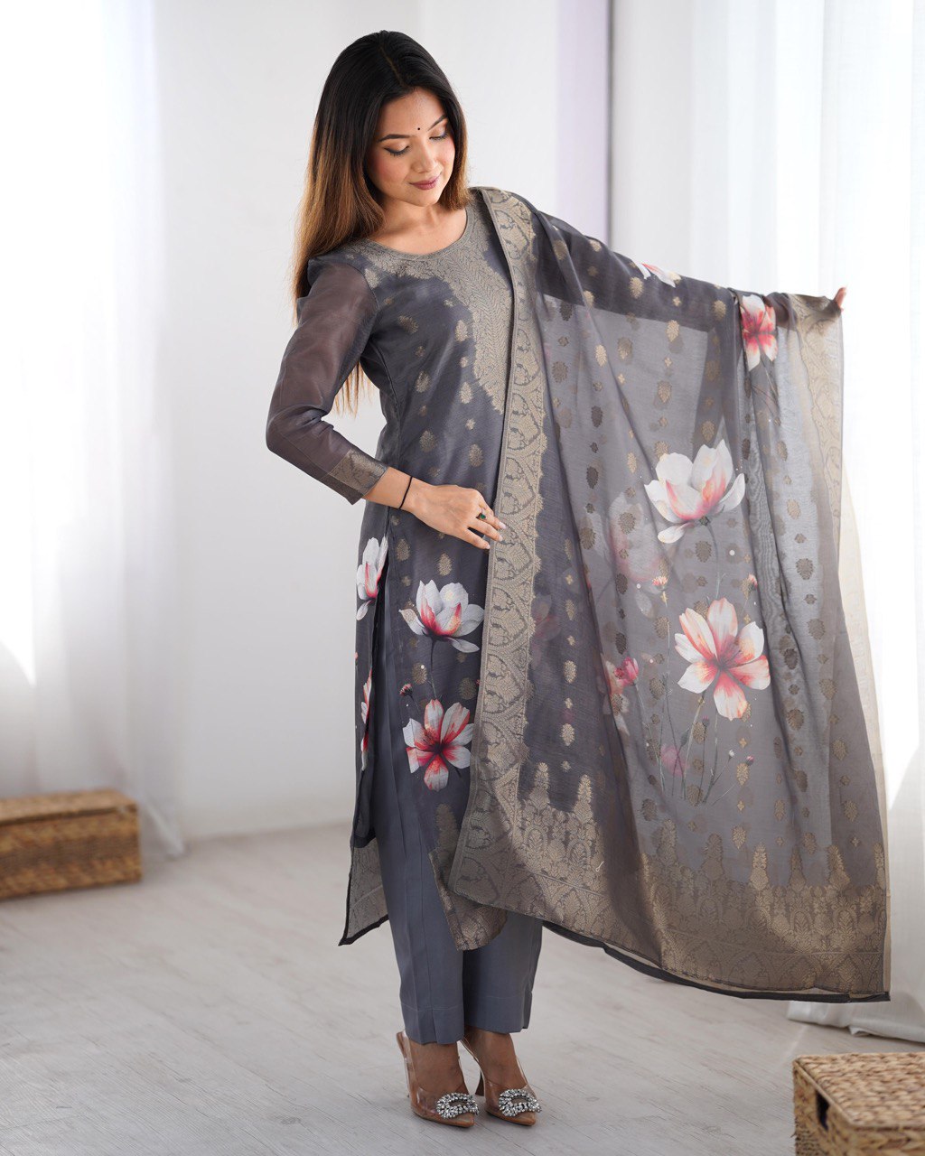 Party Wear Grey Color Chanderi Silk Kurti For Girls