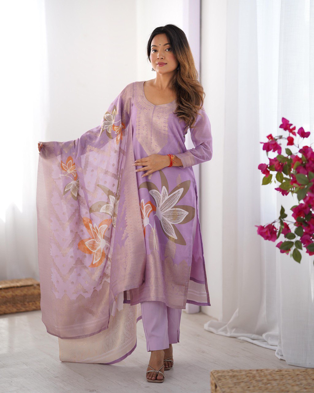 Party Wear Light Purple Color Chanderi Silk Kurti For Girls