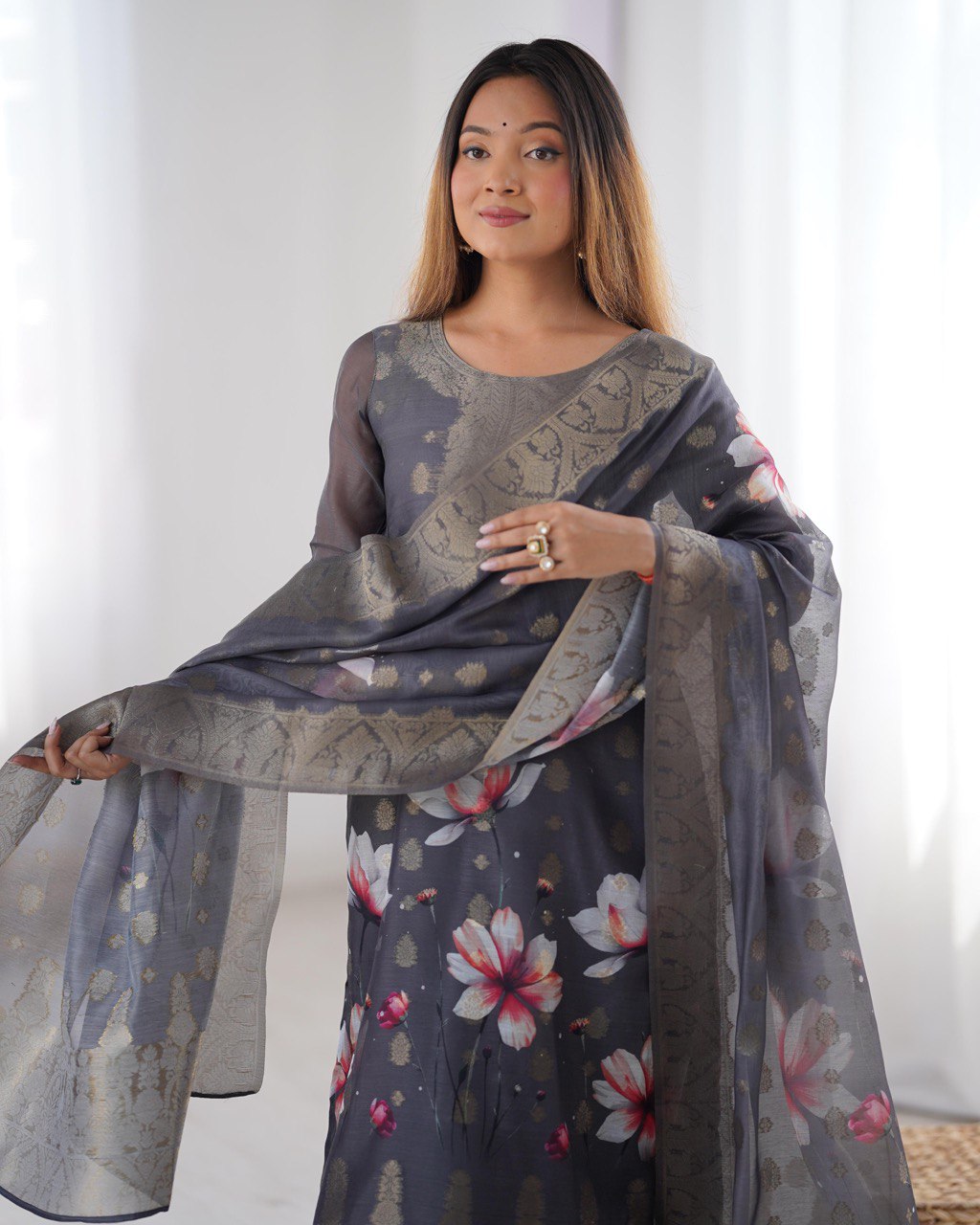 Party Wear Grey Color Chanderi Silk Kurti For Girls