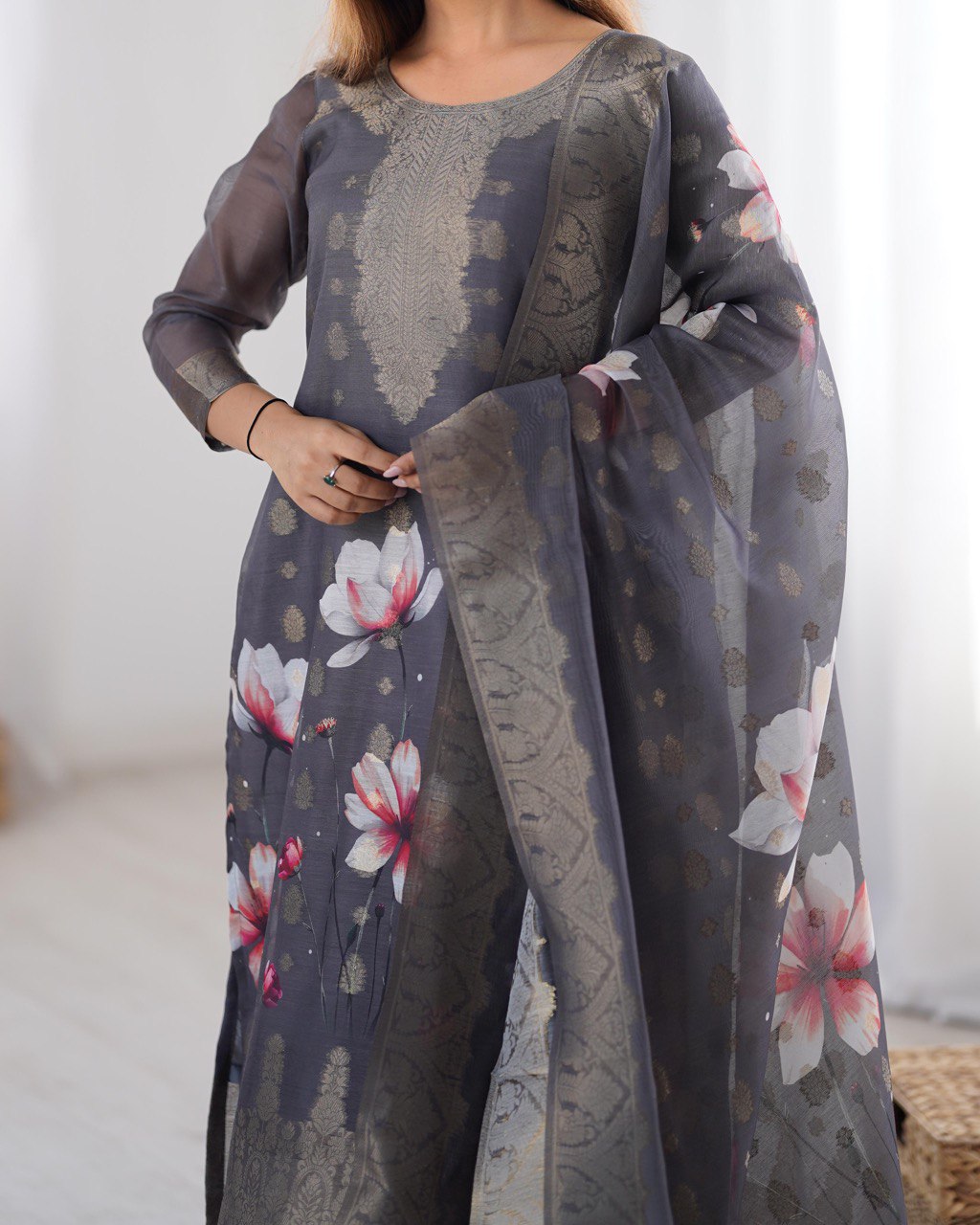 Party Wear Grey Color Chanderi Silk Kurti For Girls