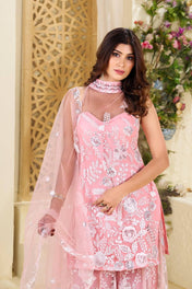 Wedding Wear Baby Pink Color Butterfly Net Sharara For Girls