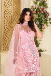 Wedding Wear Baby Pink Color Butterfly Net Sharara For Girls
