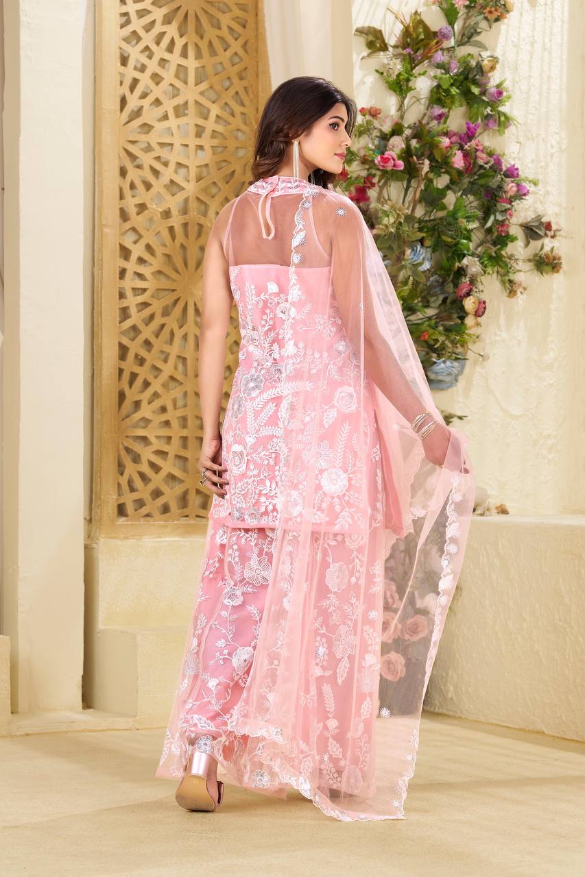 Wedding Wear Baby Pink Color Butterfly Net Sharara For Girls