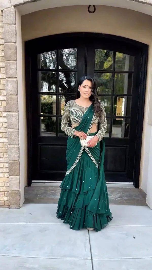 Party Wear Green Color Georgette Saree For Girls