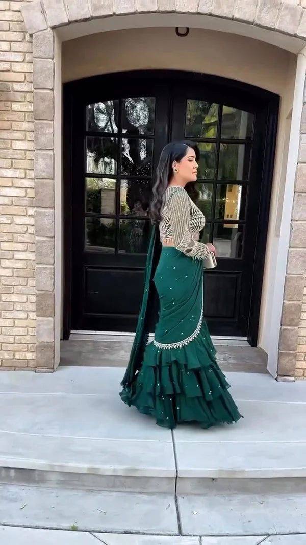 Party Wear Green Color Georgette Saree For Girls