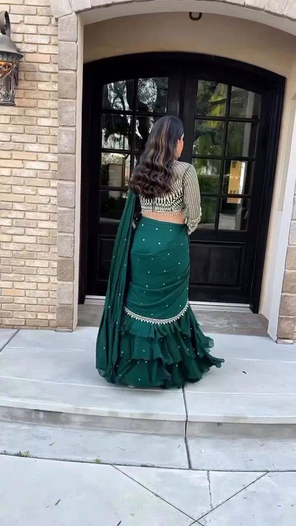 Party Wear Green Color Georgette Saree For Girls