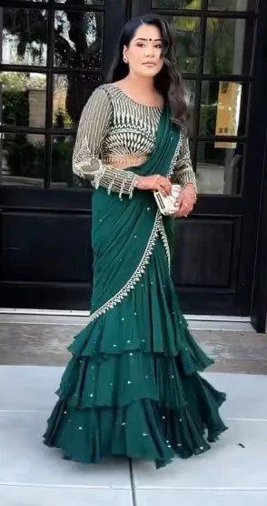 Party Wear Green Color Georgette Saree For Girls