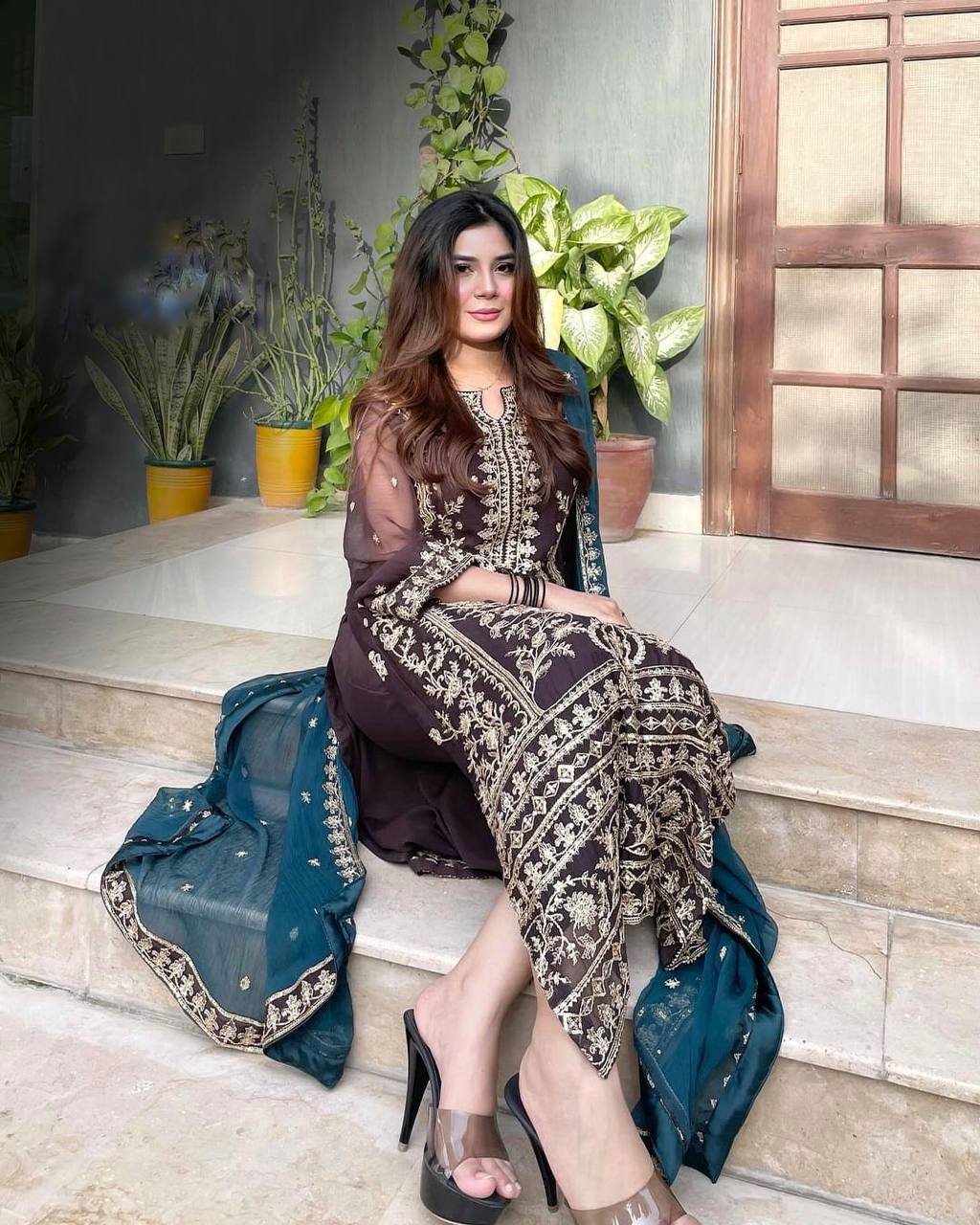 Wedding Wear Black Color Pure Chinon Silk Kurti For Women