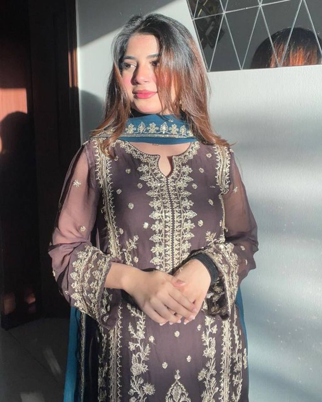 Wedding Wear Black Color Pure Chinon Silk Kurti For Women