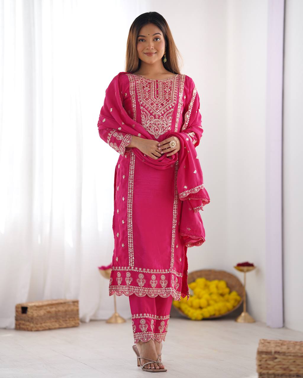 Party Wear Pink Color Chinon Silk Kurti For Girls