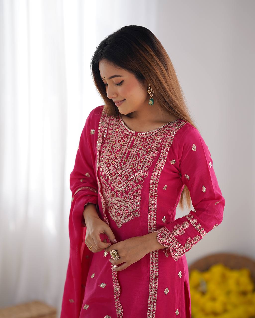Party Wear Pink Color Chinon Silk Kurti For Girls