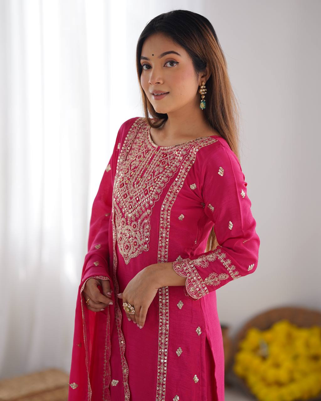 Party Wear Pink Color Chinon Silk Kurti For Girls