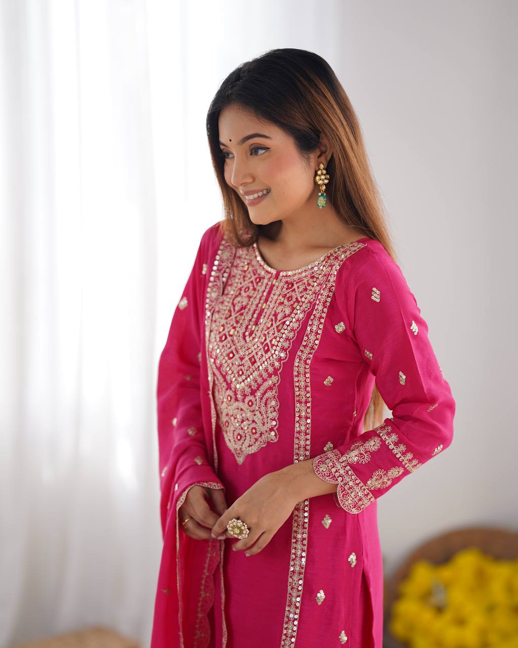 Party Wear Pink Color Chinon Silk Kurti For Girls